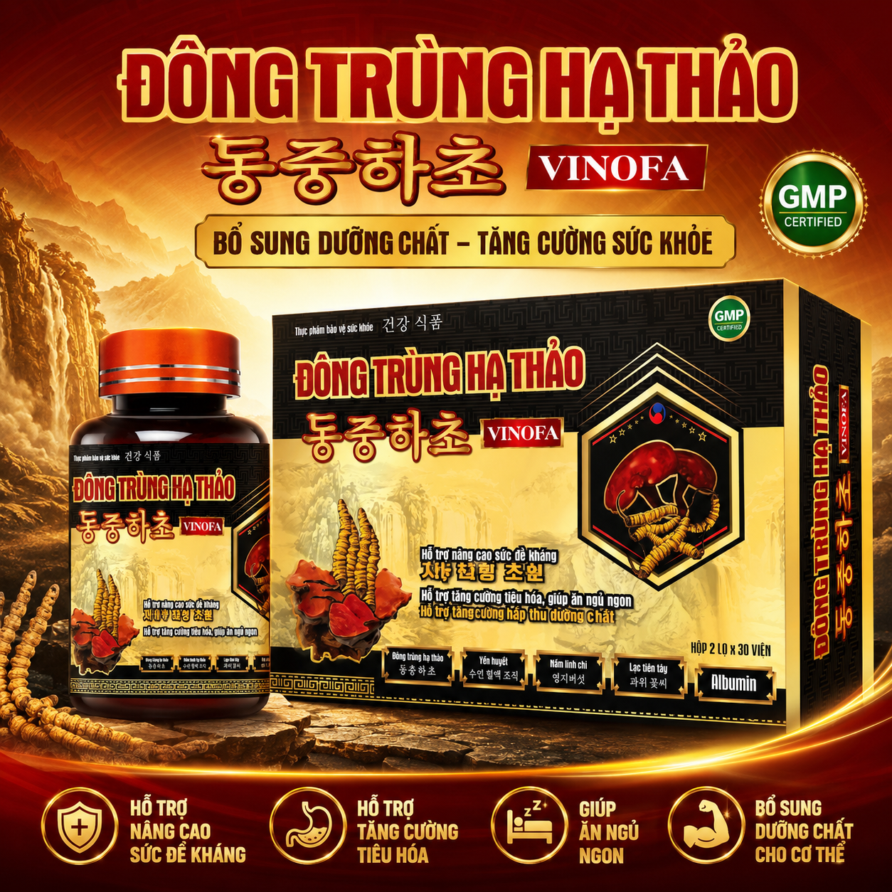 Đông Trùng Hạ Thảo Vinofa, Hộp 60 Viên